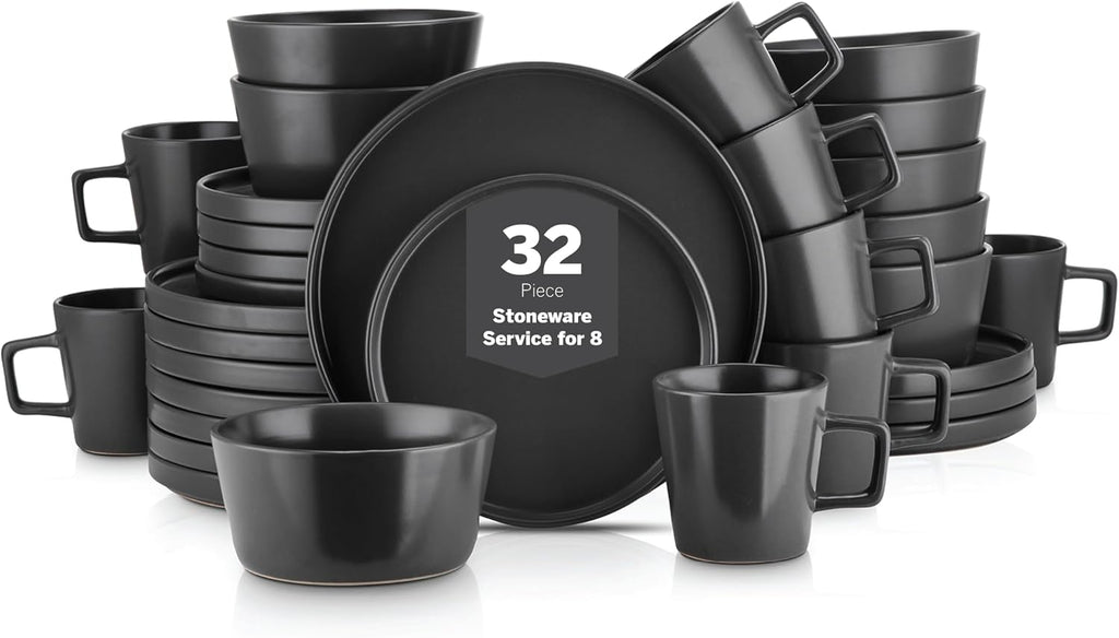 Stone Lain Celina Stoneware 32 Piece Modern Dinnerware Set, Plates and Bowls, Black Matte, Service for 8, Microwave & Dishwasher Safe