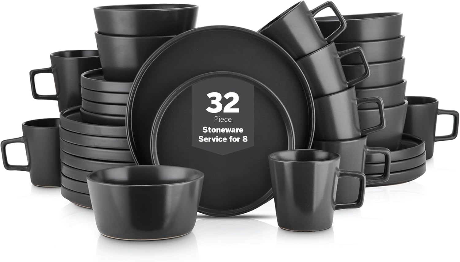 Stone Lain Celina Stoneware 32 Piece Modern Dinnerware Set, Plates and Bowls, Black Matte, Service for 8, Microwave & Dishwasher Safe