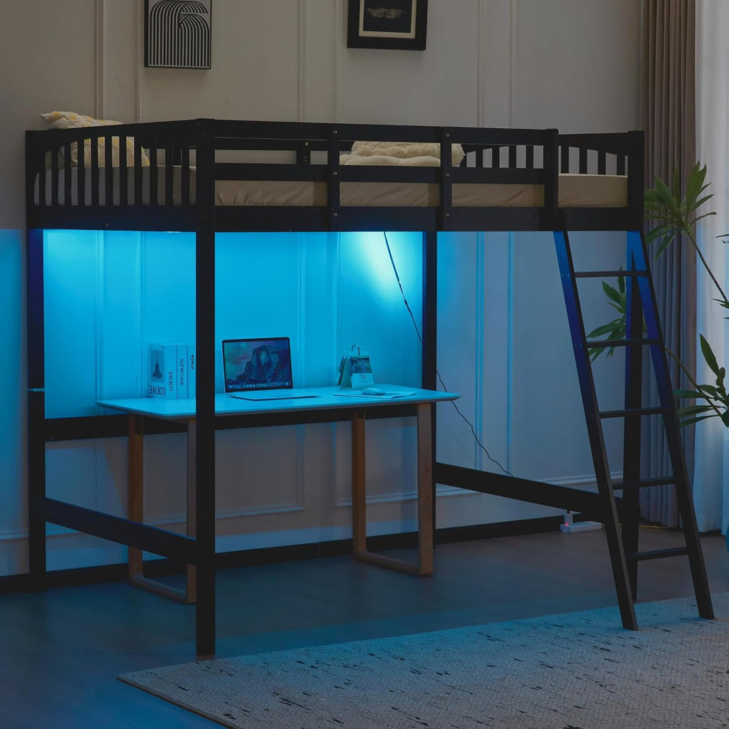 VINGLI Loft Bed Full Size with 15 inches Guardrail/USB Charging Station/LED, Solid Wood Double High Sleeper with Flat Rungs for Kids/Teens/Adults,No Box Spring Needed, Black