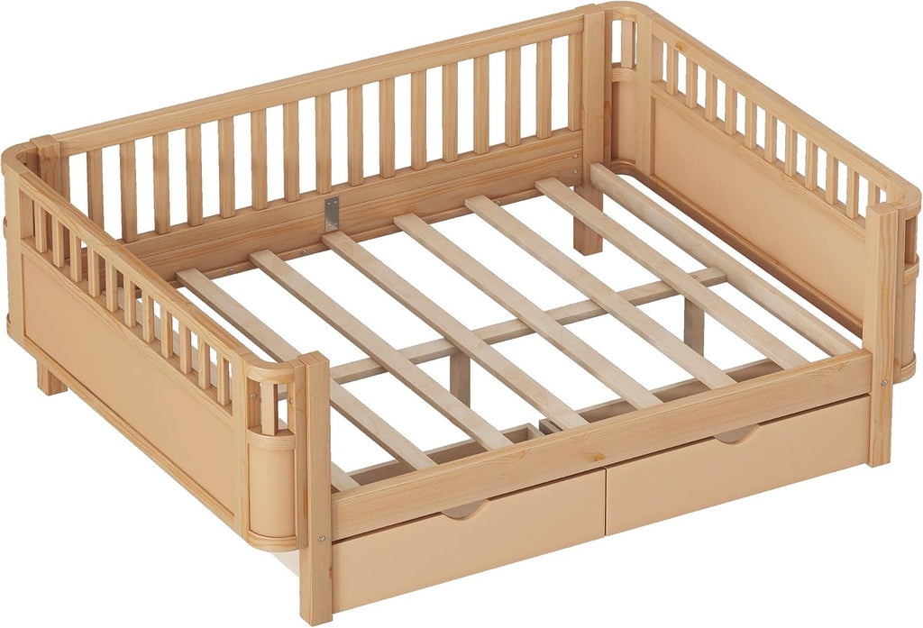 Harper & Bright Designs Full Size Low Platform Bed Frame, Daybed with Fence and Drawers, Low Profile Bed for Kids Bed Room, Natural