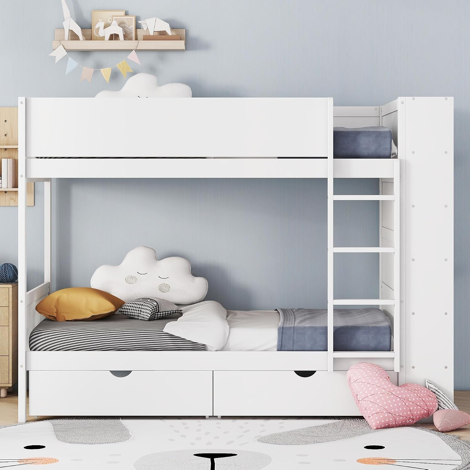 Twin Over Twin Bunk Bed with Bookcase, Wood Bunk Bed Frame with 2 Drawers and Multi-Layer Cabinet Storage Shelves, Bed with High Guardrails for Kids Teens(White, Twin)