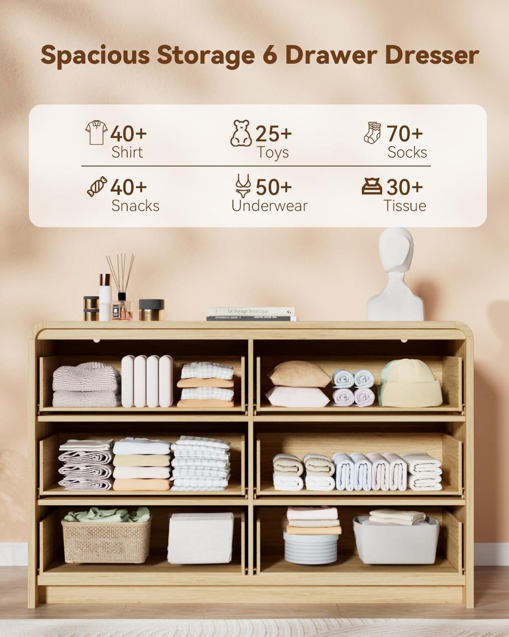 Fluted 6 Drawer Dresser, 47' Wide Wooden Storage Chest with Rounded Curved Corners and Gold Handles, Natural Oak Wood Dresser for Bedroom, Living Room, Hallway
