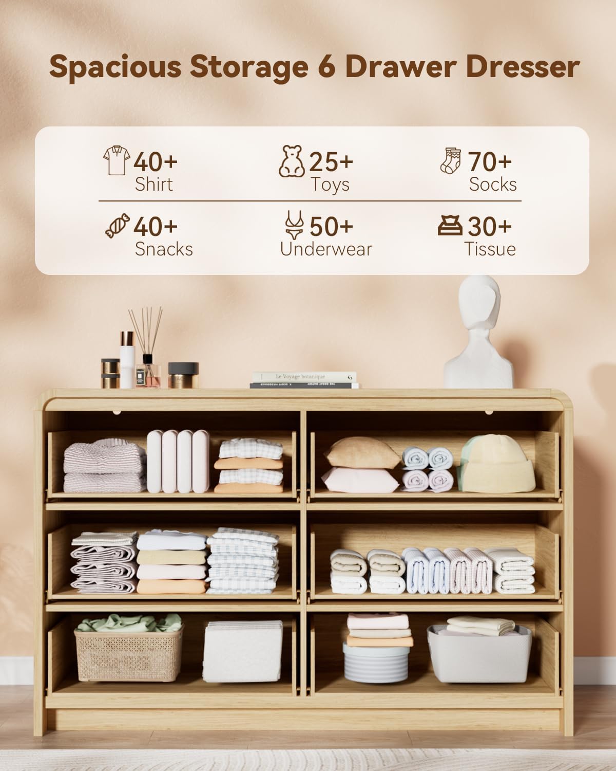 Fluted 6 Drawer Dresser, 47' Wide Wooden Storage Chest with Rounded Curved Corners and Gold Handles, Natural Oak Wood Dresser for Bedroom, Living Room, Hallway