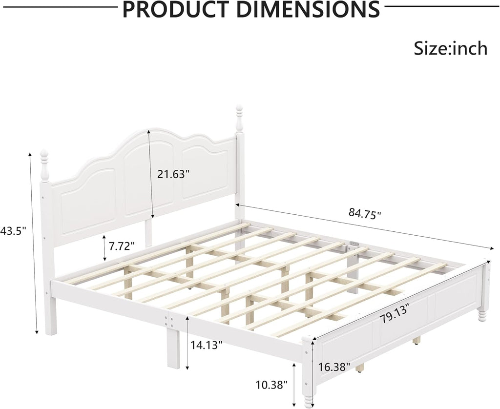 JIVOIT Wood King Bed Frame with Headboard and Footboard, Retro Style Platform Bed with Wooden Slat Support, Solid Wood Foundation, King Size Wooden Bed Frame (White,King Bed, 1)