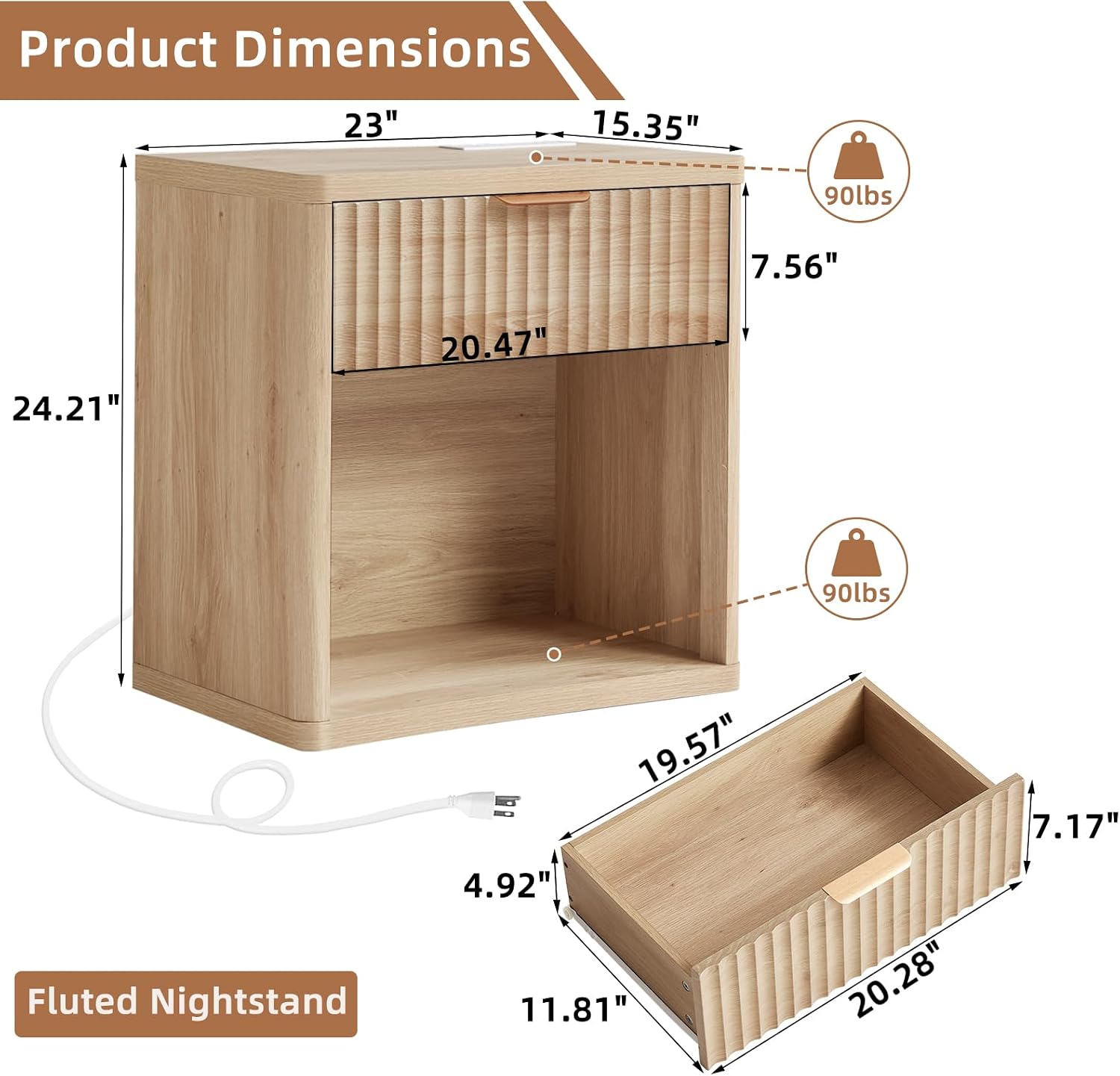 LEYAOYAO Fluted Nightstand with Charging Station, 23' Wide 1 Drawers Night Stand,Natural End Table with Open Storage,Farmhouse Bed Side Tables, Wood Dresser for Bedroom, Living Room, Closet