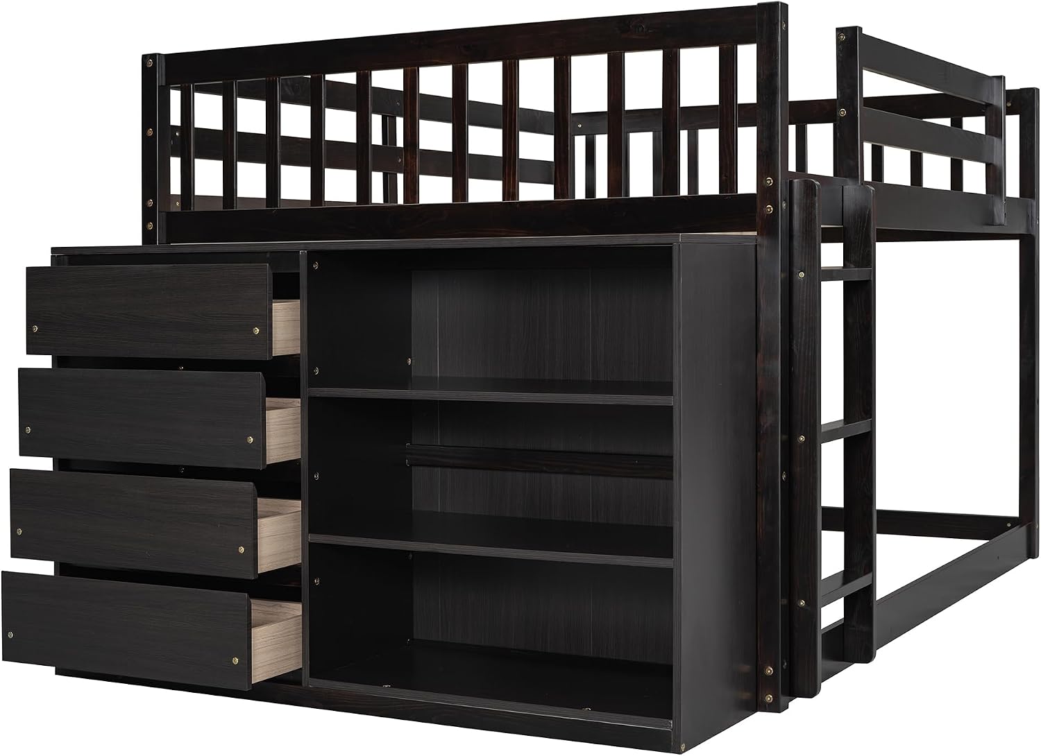Merax Full Over Full Bunk Bed with 4 Storage Drawers and 3 Shelves, Wooden Floor Bunk Bedframe with Guardrail & Ladders, No Box Spring Needed, Easy Assembly