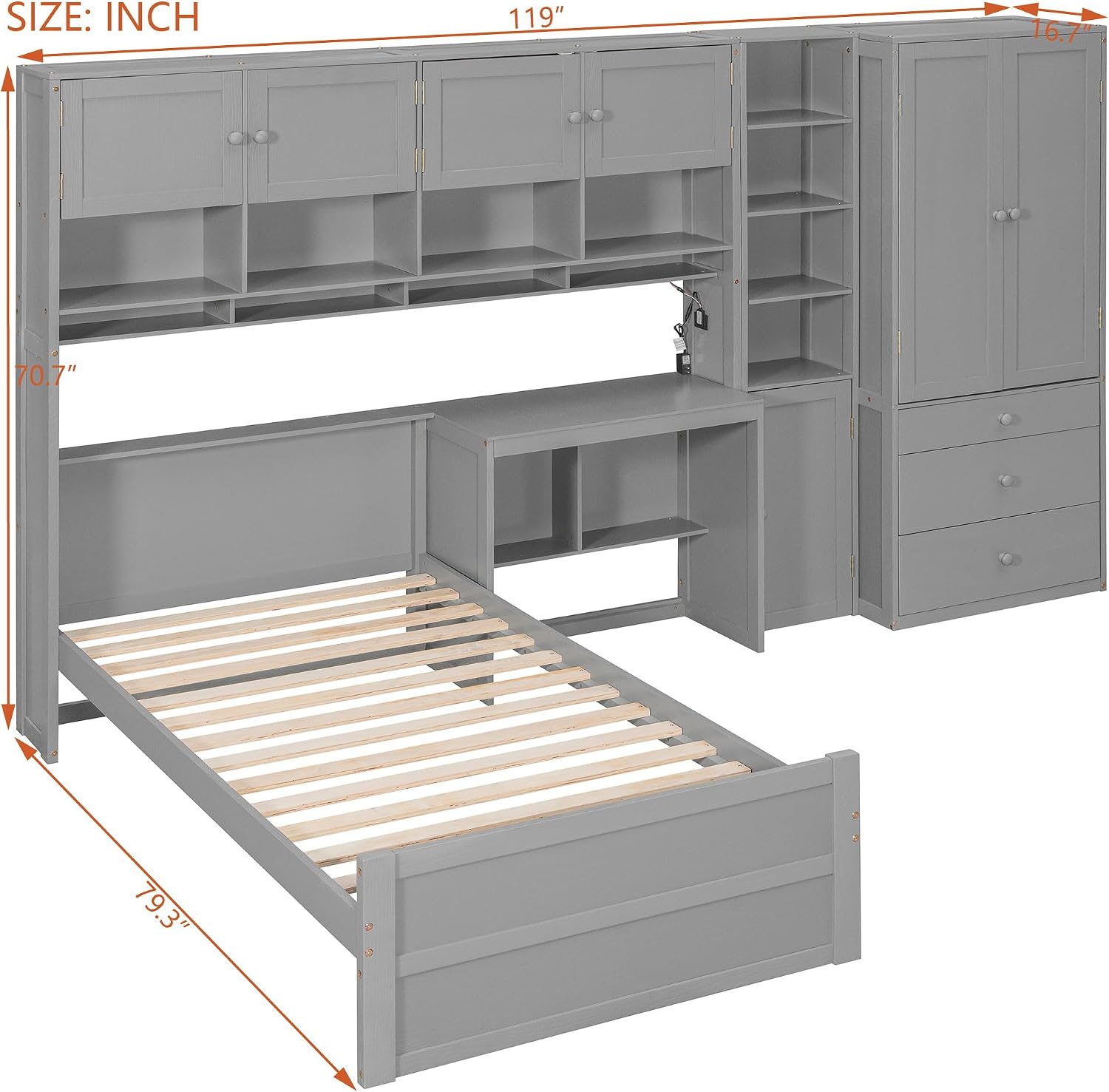 Multifunctional Design Twin Size Platform Bed with All-in-One Vertical Cabinet Bookcase and Desk, Solid Wood Platform Bed Frame with Storage Headboard, Drawers and Shelves (Gray-1.2)