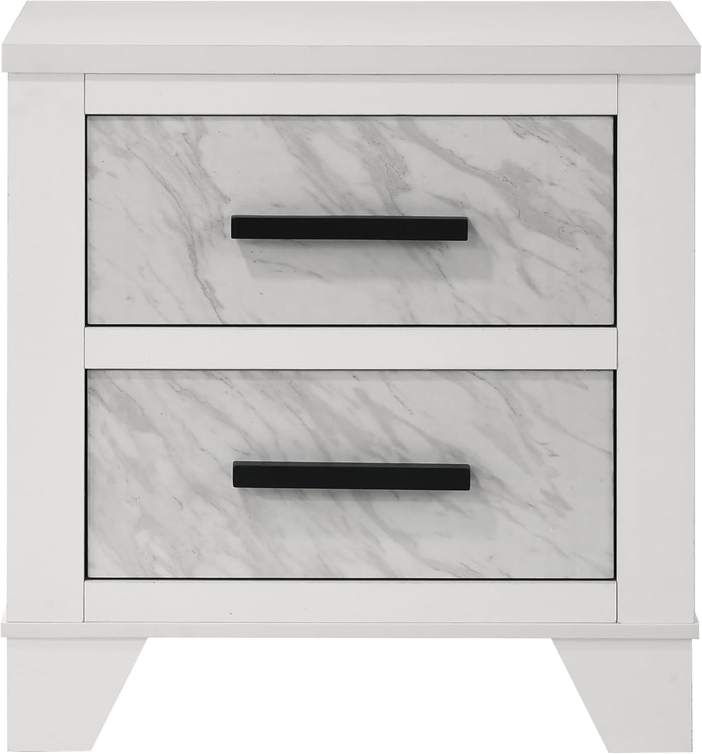 Furniture of America Anton Modern Solid Wood 6-Piece Bedroom Set with Faux Marble Headboard Bed, Metal Center Glide on Nightstands, Chest and Dresser with Mirror, Box Spring Needed, Full, White