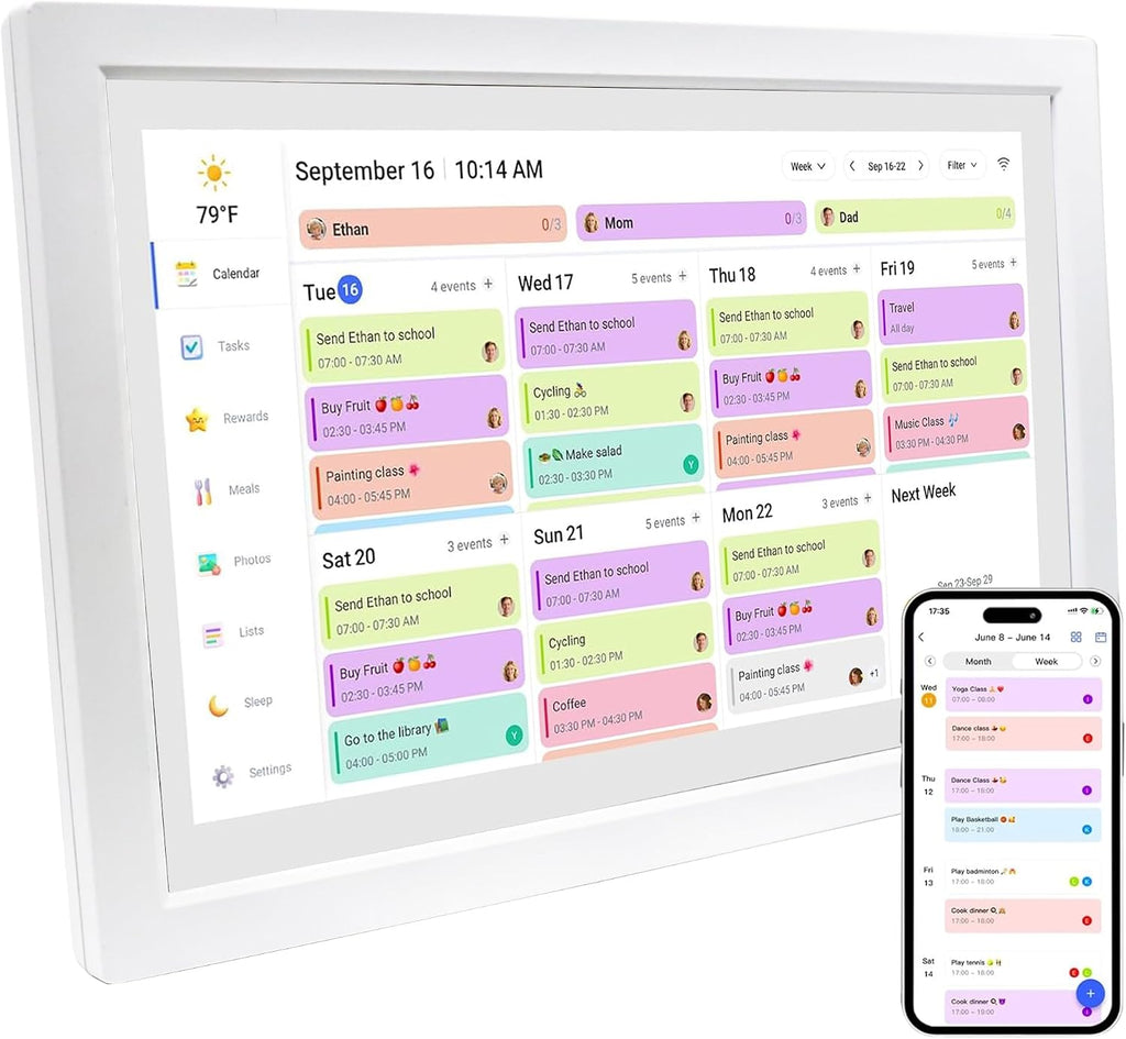 MMQ 10.1 Inch Digital Calendar and Picture Frame 2-in-1, 1080 IPS HD Touch Screen, 32GB, Wall/Desk Mount, WiFi App Sharing, to-Do List, Meal Planner and Photo Frame for Women, Mom, Home, Office
