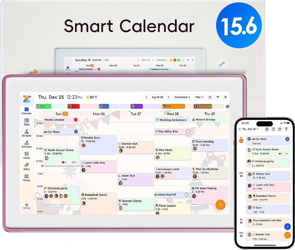 Digital Calendar, 15.6-Inch Digital Wall Planner & Chore Chart, Smart Online Touchscreen Family Organizer for Schedules, Electronic Calendar Planner Family Photo Display, Wall & Desk Mountable (Pink)
