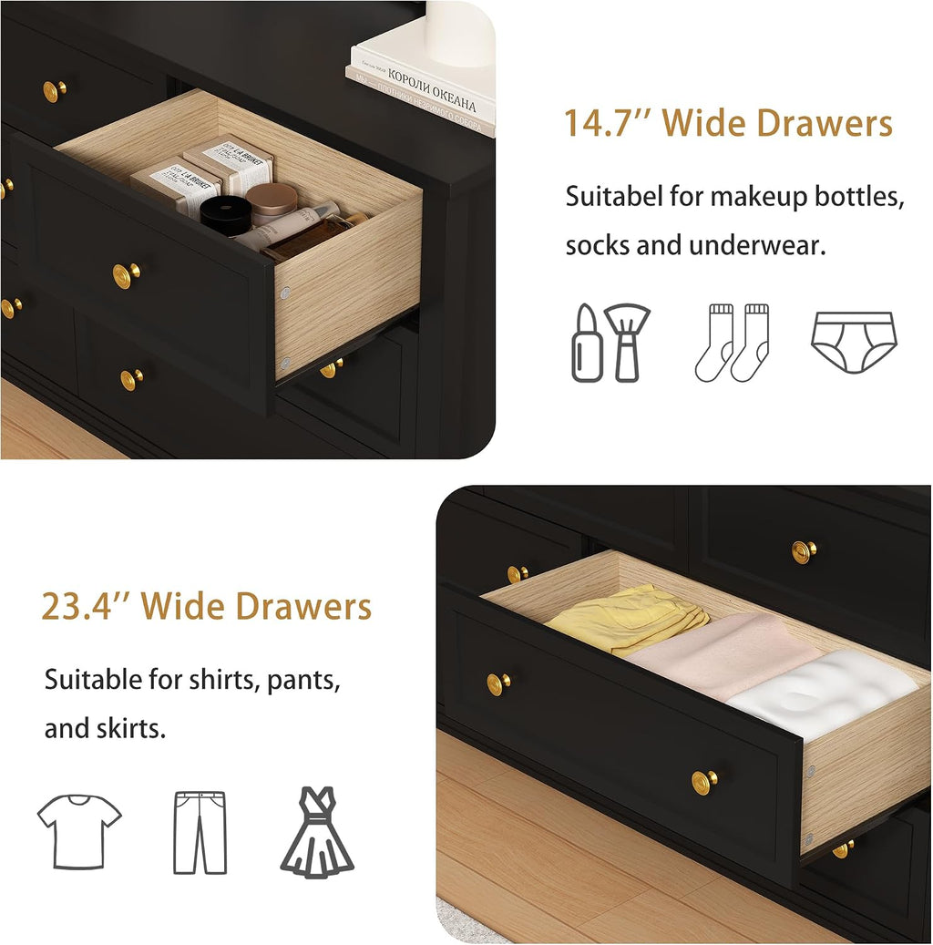 LYNSOM Black Dresser for Bedroom with 7 Drawers, Modern Wide Chest of Storage Drawer with Gold Handles, TV Stand Dresser, Wood Dressers for Bedroom, Living Room, Hallway, Entryway, 55''