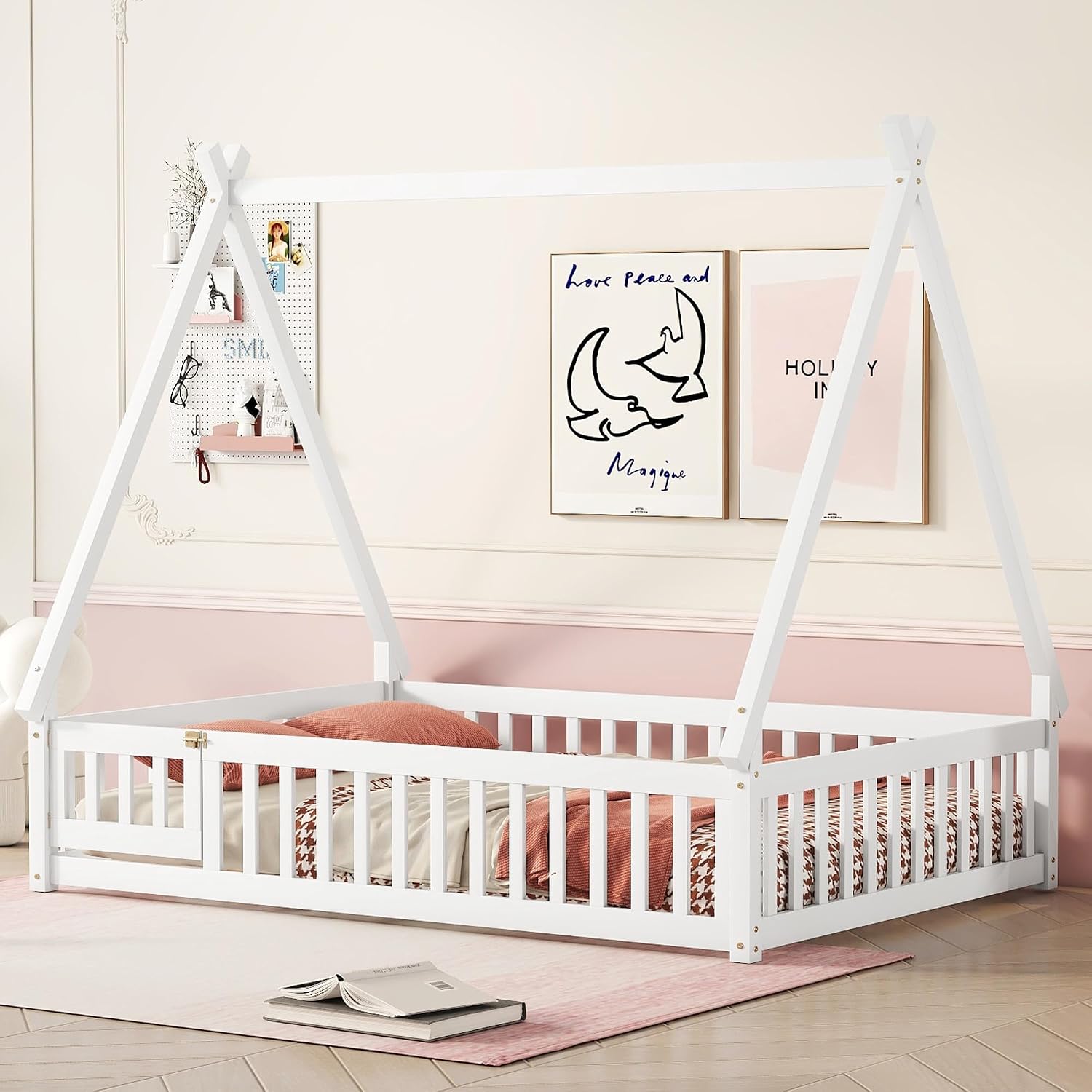 Bellemave Full Size Tent Floor Bed for Kids,Montessori Floor Bed with Door and Guardrails,Wood Floor Bed with Slats,Teepee Bed for Girls Boys(Full,White)