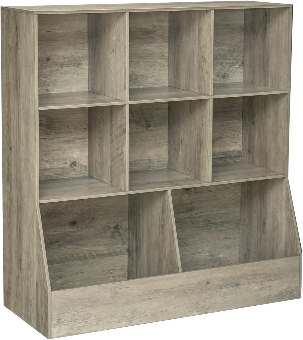 DINZI LVJ Toy Storage Organizer, Kids Bookshelf, Wood Toy Storage Cabinet, 3-Tier 8 Cubby Children Bookcase, 39.4' L Toddler Book Shelf for Playroom, Living Room, Nursery, Classroom, Gray Wash