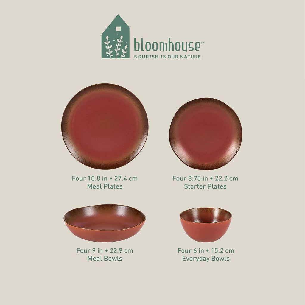 Bloomhouse - Two Time Oprah's Favorite Things Winner - Palermo Sun Double Bowl Stoneware Reactive Glaze Plates and Bowls Dinnerware Set - Paprika Red, Service for Four (16pcs)