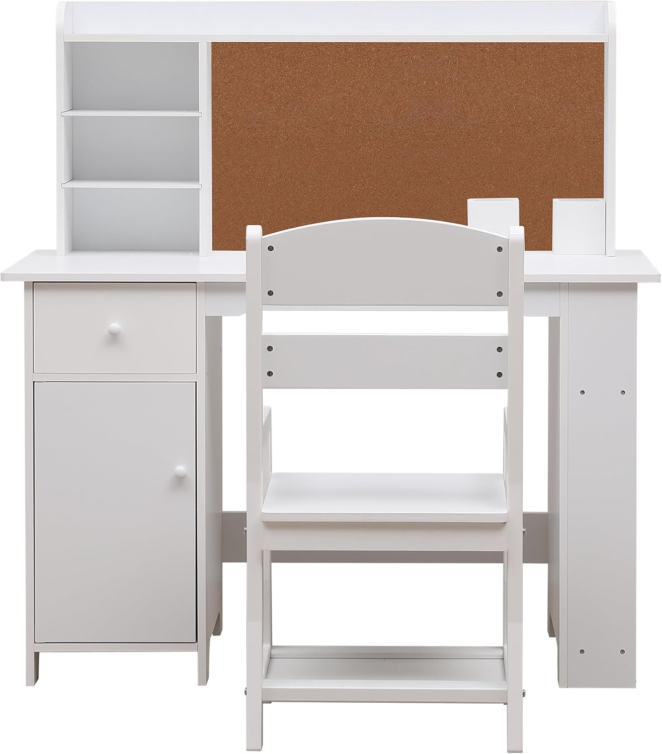 Garvee Kids Desk, Study Desk and Chair Set for Boys and Girl, Wooden Kids Writing Table with Bookshelf, Bulletin Board, Cabinet and Drawer for Ages 3-8, White