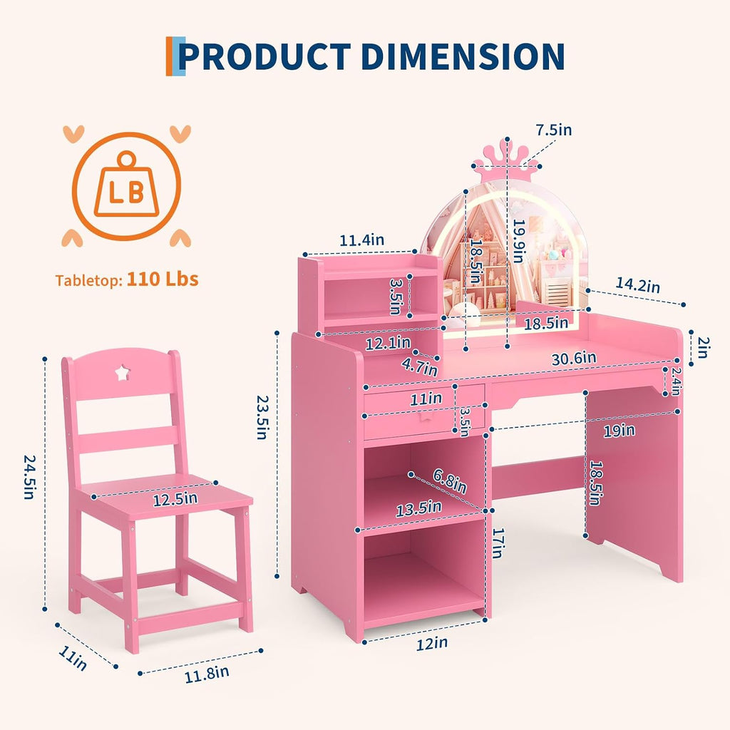 Garvee Kids Vanity with Lighted Mirror, 2 in 1 Princess Vanity Set Toddler Table & Chair Set with Open Bookshelf, Storage Cabinet & Shelves for Little Girls, Pink