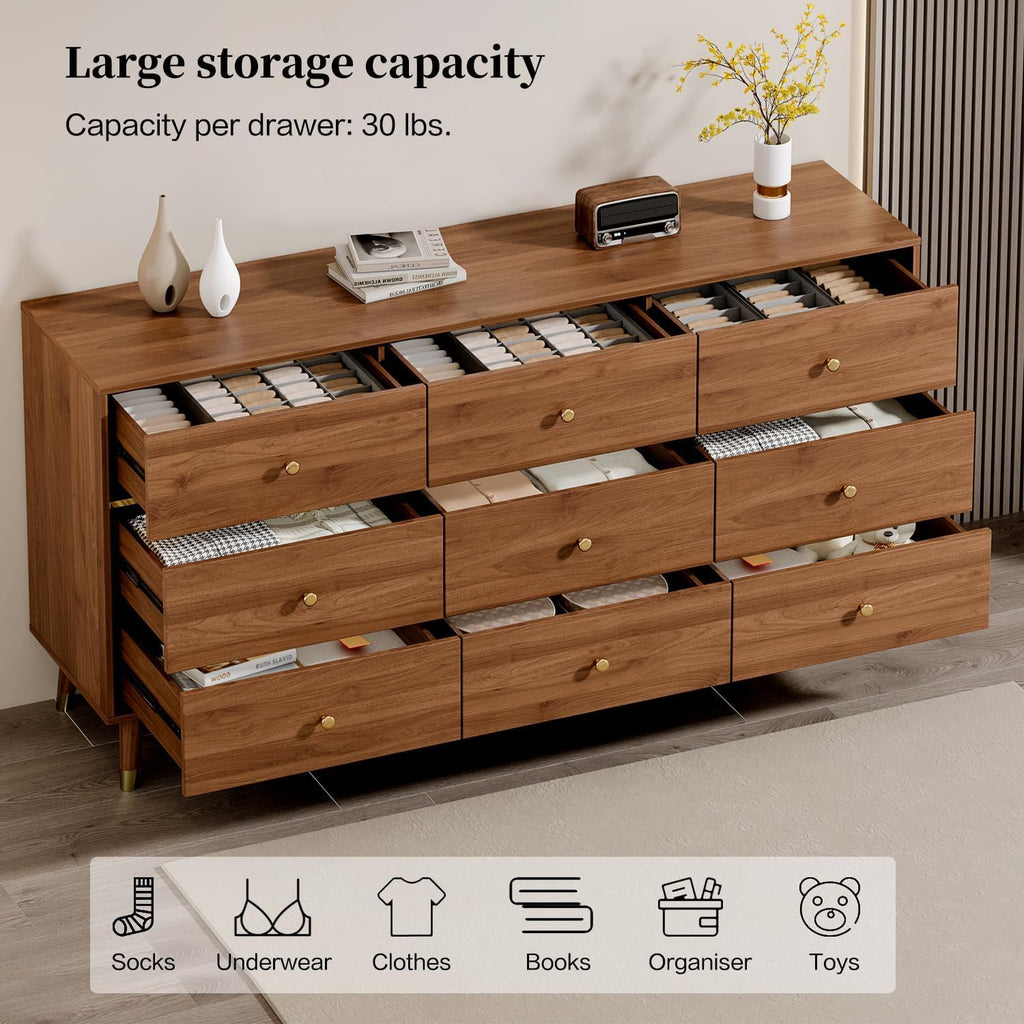 Chrangmay 9 Drawer Dresser,63' Wide Mid Century Modern Chest of Drawers,Wooden Bedroom Drawer Dresser with 9 Storage Drawers for Bedroom, Living Room,with Anti-Tipping Device,Brown