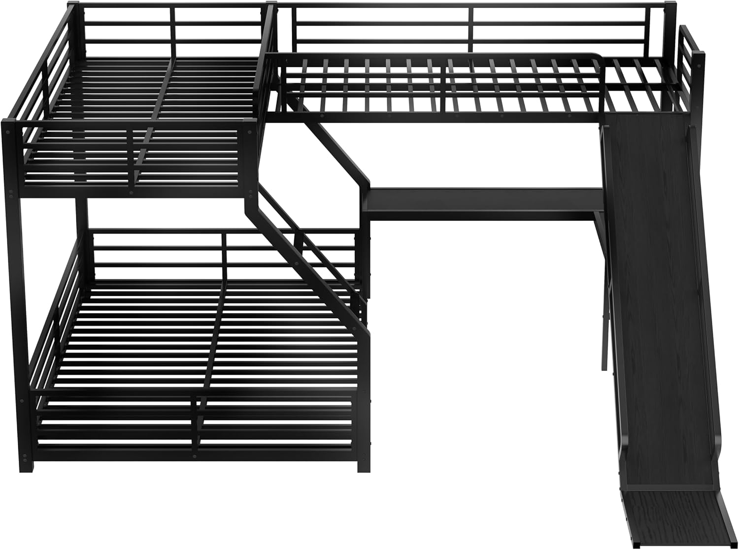 Polibi Space-Saving L-Shaped Metal Triple Bunk Bed, Twin XL Over Queen with Twin Loft Bed, Bunk Bed with Slide and USB Ports, Sturdy Frame with Noise-Free Design for Kids, Teens, Adults, Black