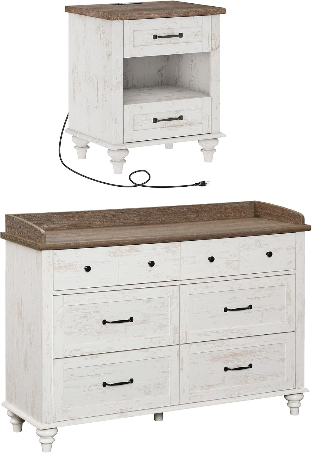 WAMPAT 2 Piece Bedroom Set - Includes 6 Drawer Dresser for Bedroom, Farmhouse Nightstand with Charging Station & Drawers & Cubby, 2 Piece Dresser and Nightstand Sets, Antique White