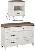 WAMPAT 2 Piece Bedroom Set - Includes 6 Drawer Dresser for Bedroom, Farmhouse Nightstand with Charging Station & Drawers & Cubby, 2 Piece Dresser and Nightstand Sets, Antique White