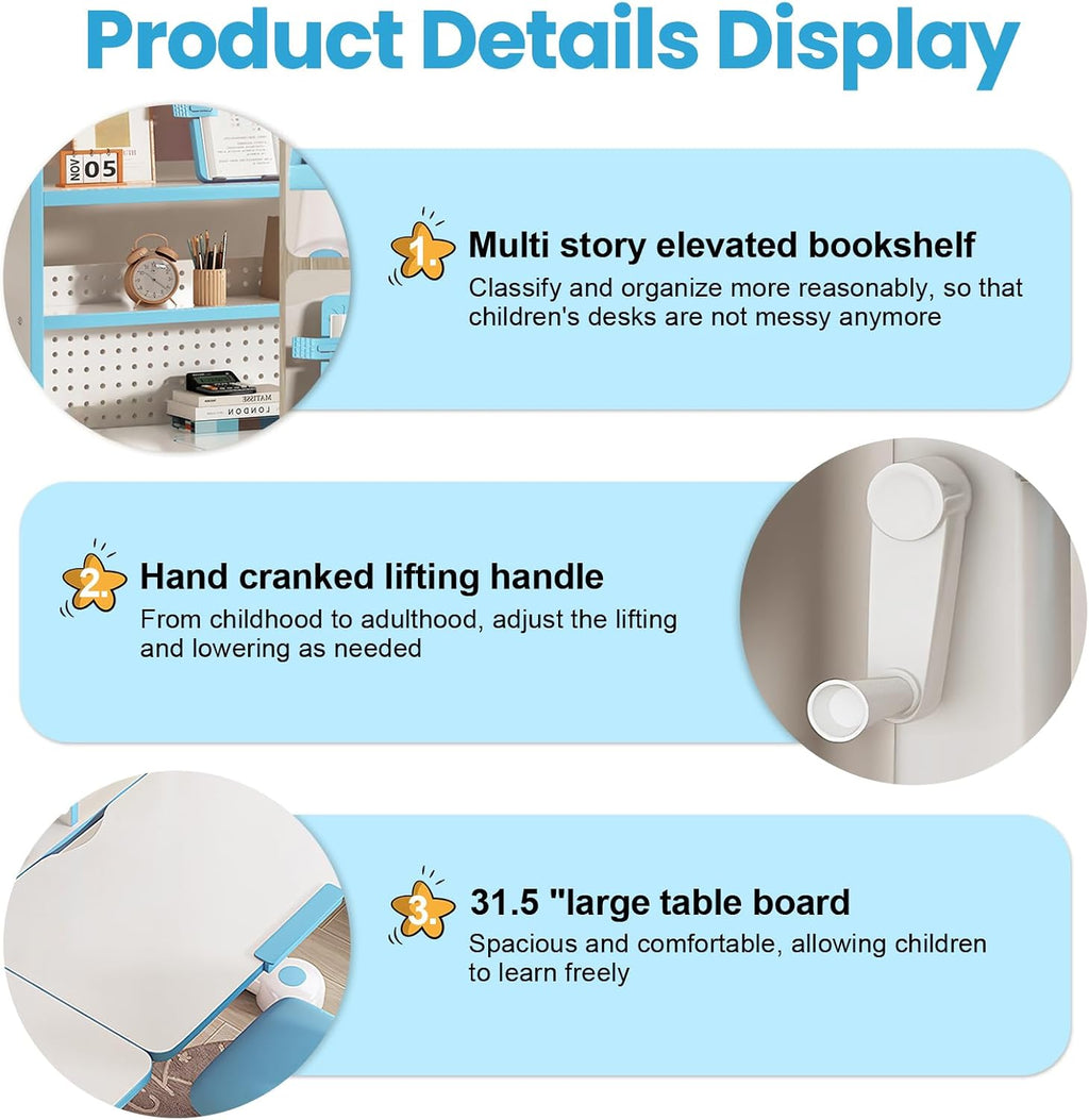 Kids Functional Desk and Chair Set – Ergonomic Height Adjustable Art Desk with One-Touch Tilting Desktop, Book Stand, Reading Rack & Storage Drawer for Children Boys & Girls (013-Blue)