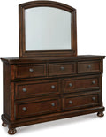 Signature Design by Ashley Porter Traditional Smooth-Gliding 7-Drawer Dresser and Mirror with Safety Stop, Felt-Lined Top Drawers and Pull-Out Tray, Dark Brown