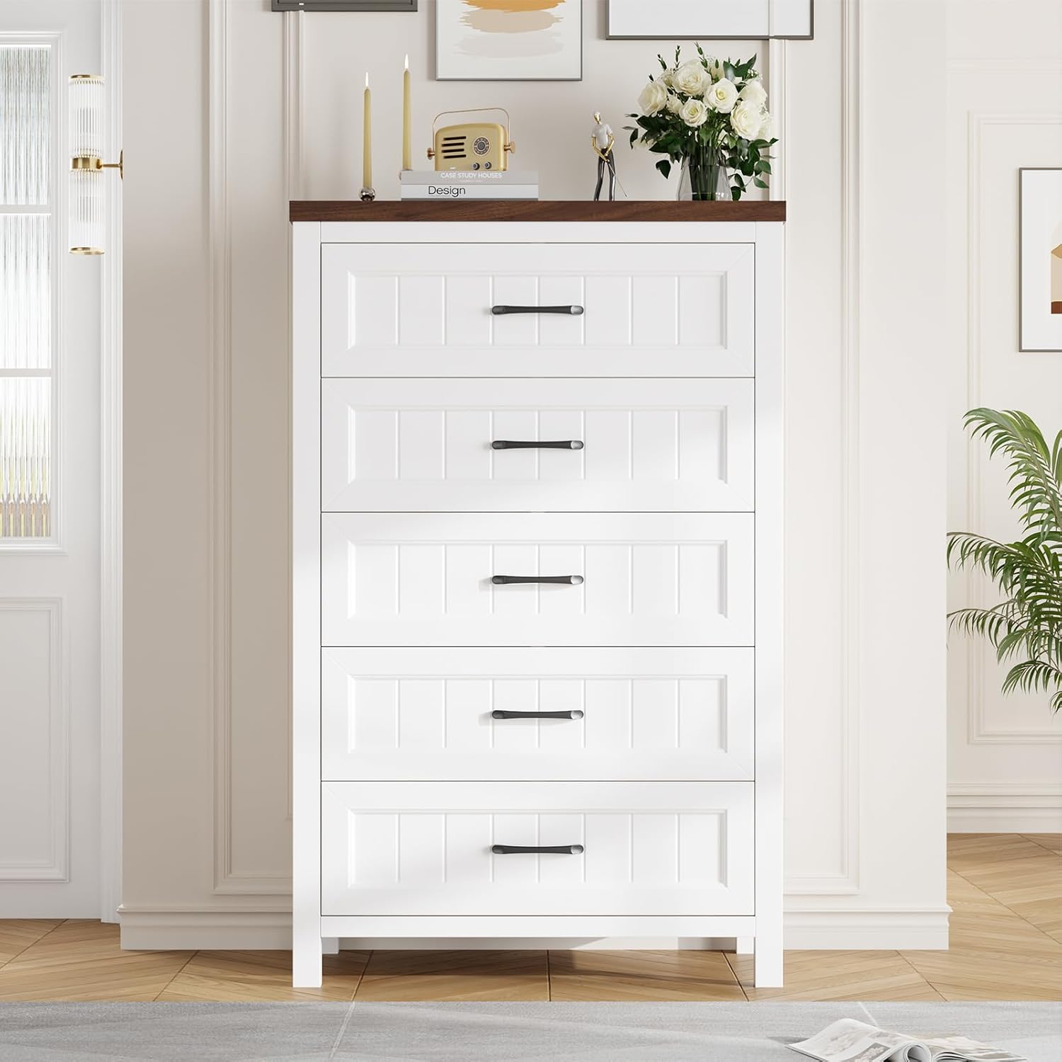 Jocoevol 5 Drawer Dresser for Bedroom - Farmhouse 44.9' Tall Chest of Dresser with Large Storage, Rubst Wood Construction for Living Room, Hallway & Entryway - White (White & Brown)