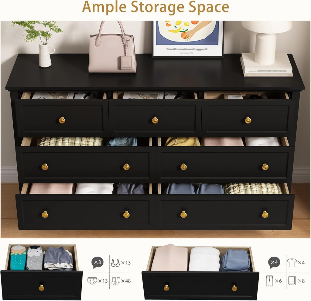 LYNSOM Black Dresser for Bedroom with 7 Drawers, Modern Wide Chest of Storage Drawer with Gold Handles, TV Stand Dresser, Wood Dressers for Bedroom, Living Room, Hallway, Entryway, 55''