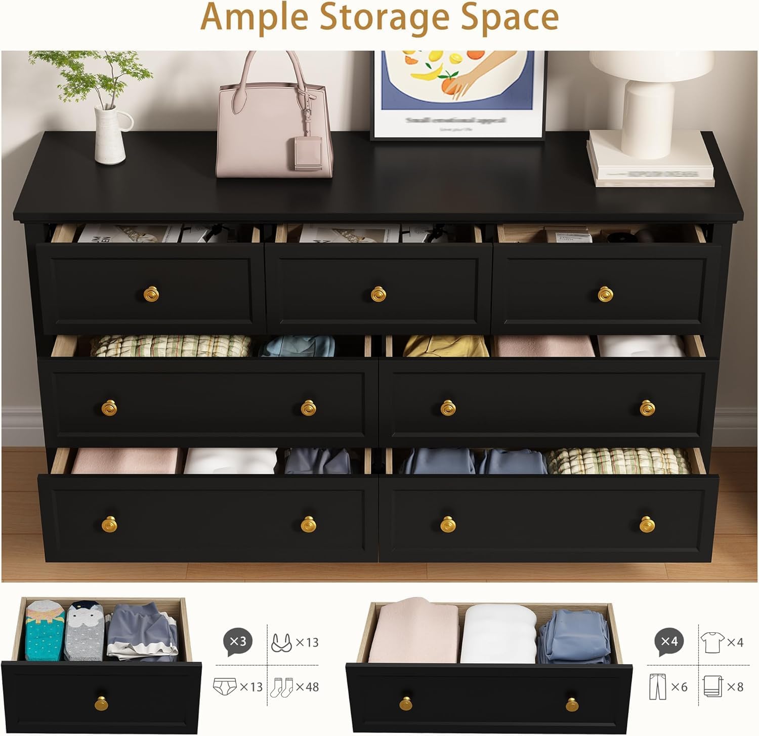 LYNSOM Black Dresser for Bedroom with 7 Drawers, Modern Wide Chest of Storage Drawer with Gold Handles, TV Stand Dresser, Wood Dressers for Bedroom, Living Room, Hallway, Entryway, 55''