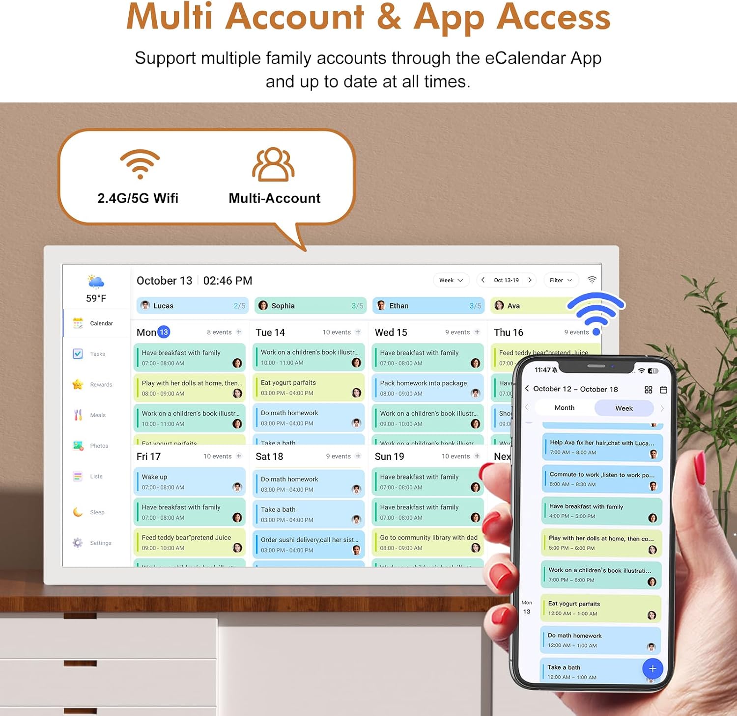24' Digital Wall Calendar Chore-Chart-for-Planner - Touchscreen Display Smart Calendar for Family Monthly/Weekly Planner, To Do List Notepad, Streamline Household Organization, Desk Mount Included