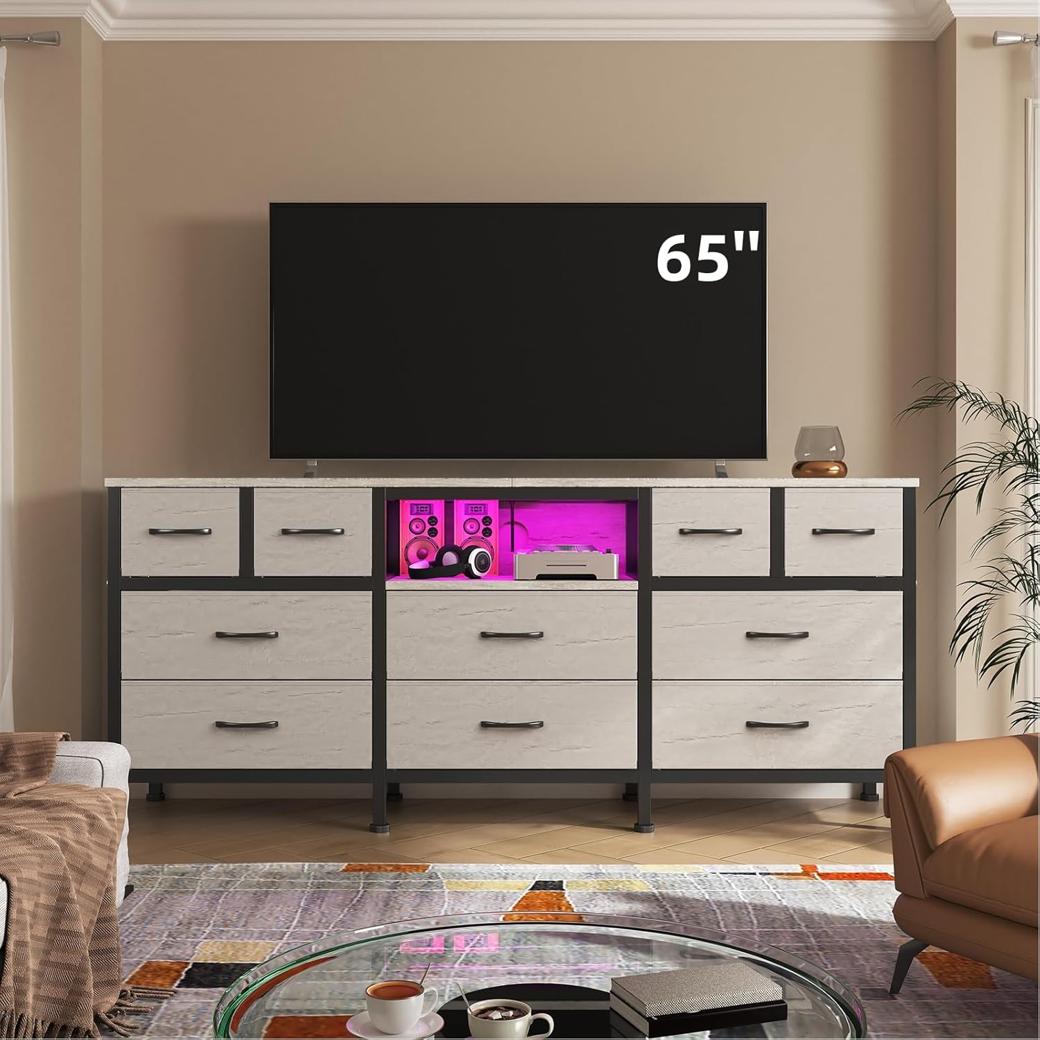 White Dresser for Bedroom with LED Lights and Power Outlets, 55' TV Stand with 10 Drawers & Open Shelves, Fabric Chest of Drawers with PU Finish, Metal Frame, Wood Top (Greige)