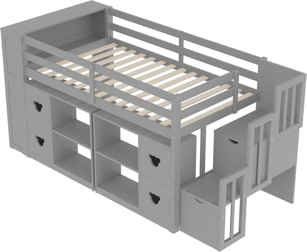 JIVOIT Twin Size Low Loft Bed with Open Shelves, Storage Cabinets, Storage Headboard and Stair, Full-Length Guardrails, No Box Spring Needed (Grey, 50)