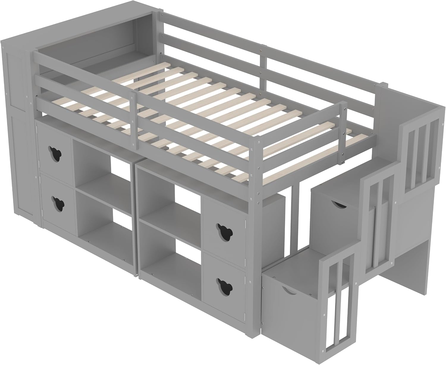 JIVOIT Twin Size Low Loft Bed with Open Shelves, Storage Cabinets, Storage Headboard and Stair, Full-Length Guardrails, No Box Spring Needed (Grey, 50)