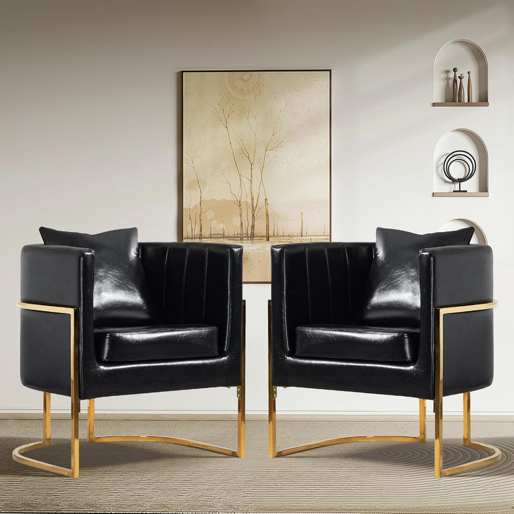Modern Leather Accent Chair, Mid Century Upholstered Barrel Armchair with Pillow for Living Room, Comfy Single Vanity Chair with Metal Gold Legs for Bedroom, Black