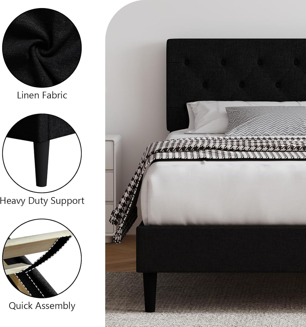 HOMBCK King Size Bed Frame, Linen Fabric Upholstered Bed Frame King Size with Headboard, Wood Slats Support, Button Tufted Design, No Box Spring Needed, Black