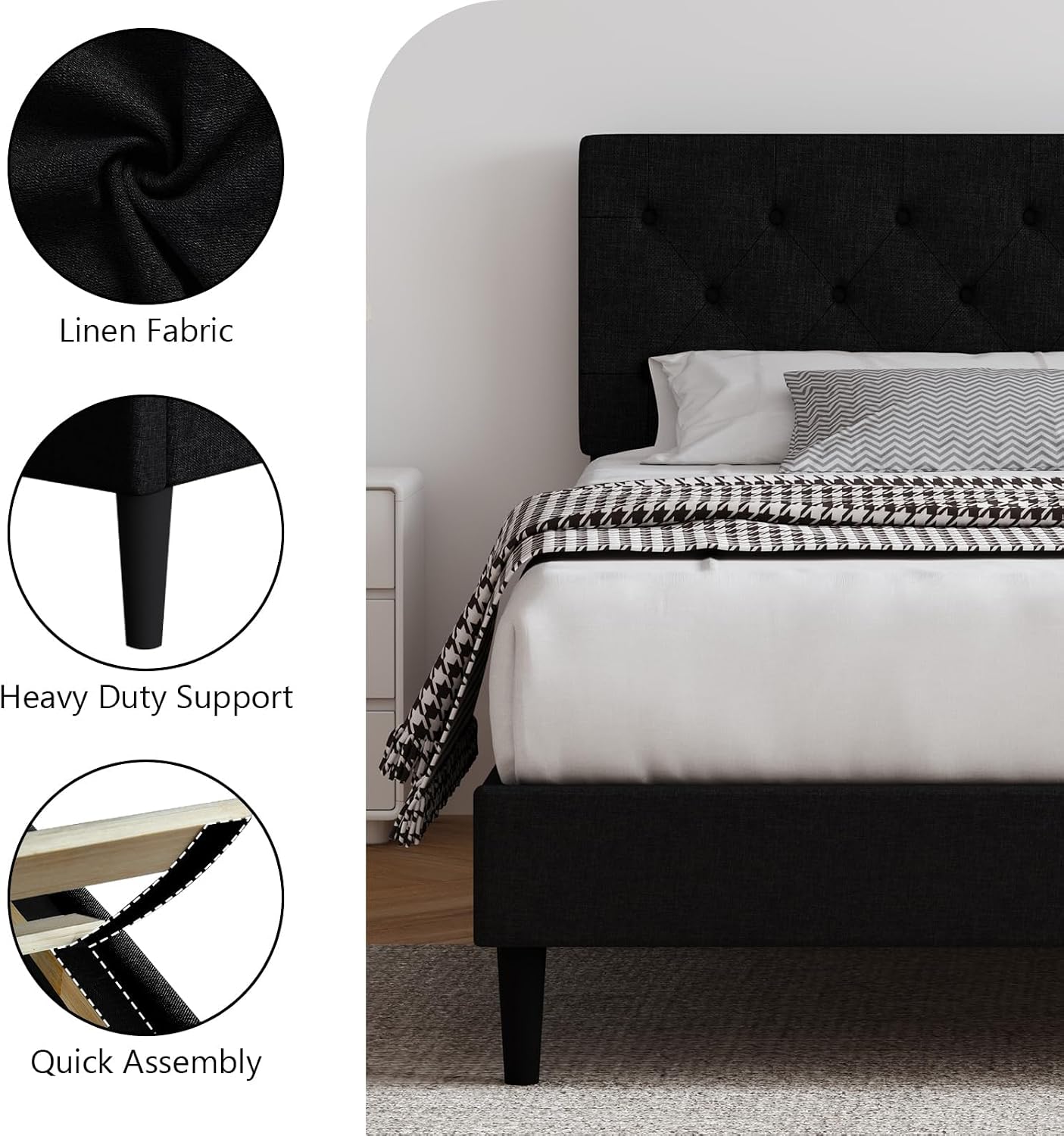 HOMBCK King Size Bed Frame, Linen Fabric Upholstered Bed Frame King Size with Headboard, Wood Slats Support, Button Tufted Design, No Box Spring Needed, Black