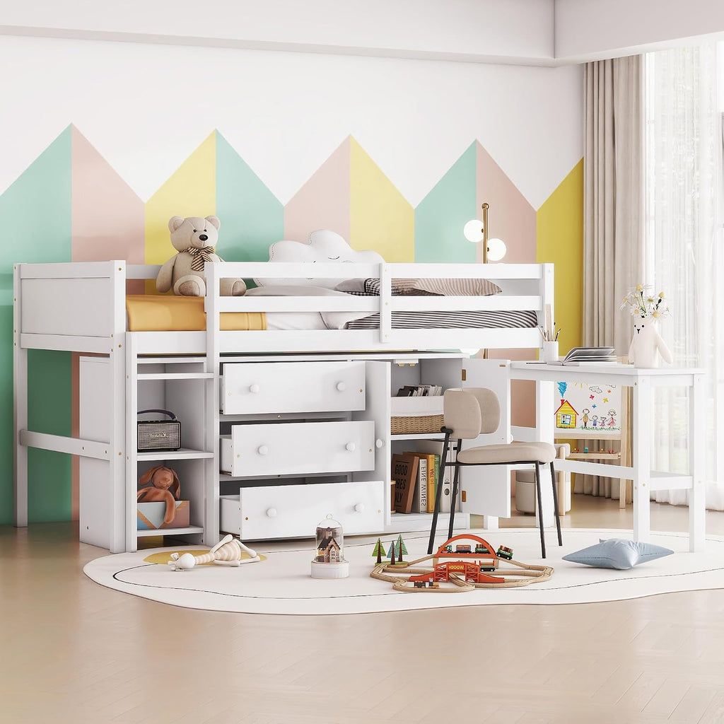 JIVOIT Twin Size Low Loft Bed with Retractable Desk, Multifunction Loft Bed with 3 Drawers, Cabinet and Shelves, Space Saving Wood Bed Frame for Kids Boys Girls (White * 02)