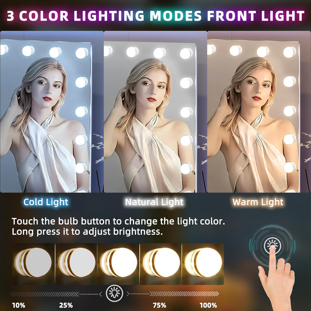 VANITII Makeup Vanity Desk with Mirror and RGB Lights Vanity Table with Makeup Mirror Glass Top Vanities with Charging Station RGB Lighted Mirror Smart Touch Dressing Table Set for Bedroom