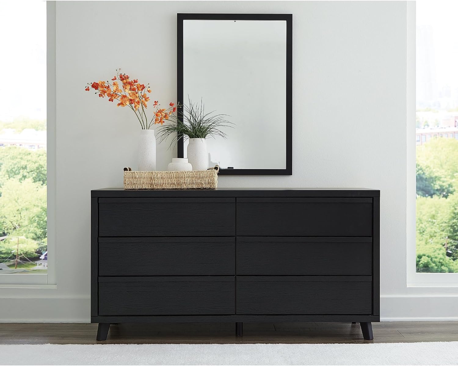 Signature Design by Ashley Danziar Mid-Century Modern 6-Drawer Dresser and Mirror with Safety Stop, Black