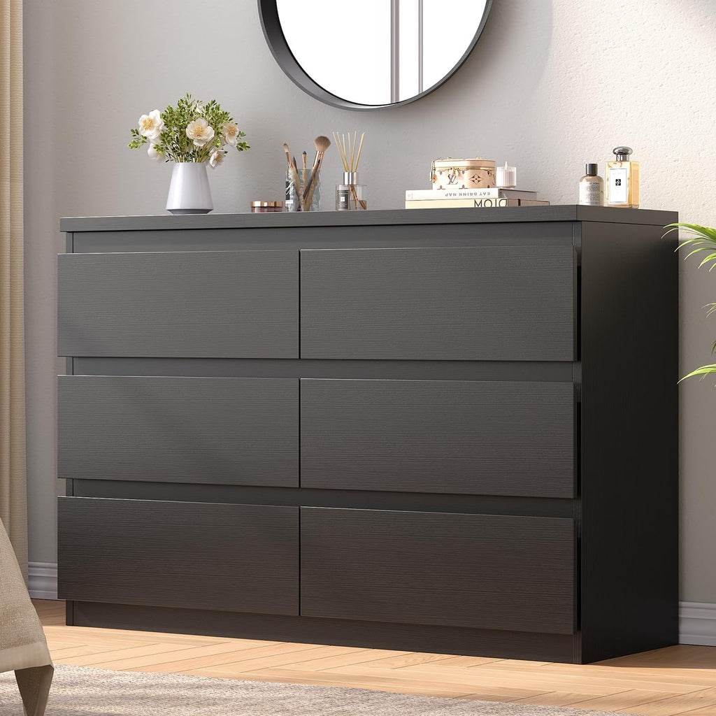 Jocoevol Modern 6 Drawer Dresser Black Dresser for Bedroom, Simply Chest of Drawers, Wood Storage Dresser with Deep Drawers for Living Room Hallway Entryway, Black