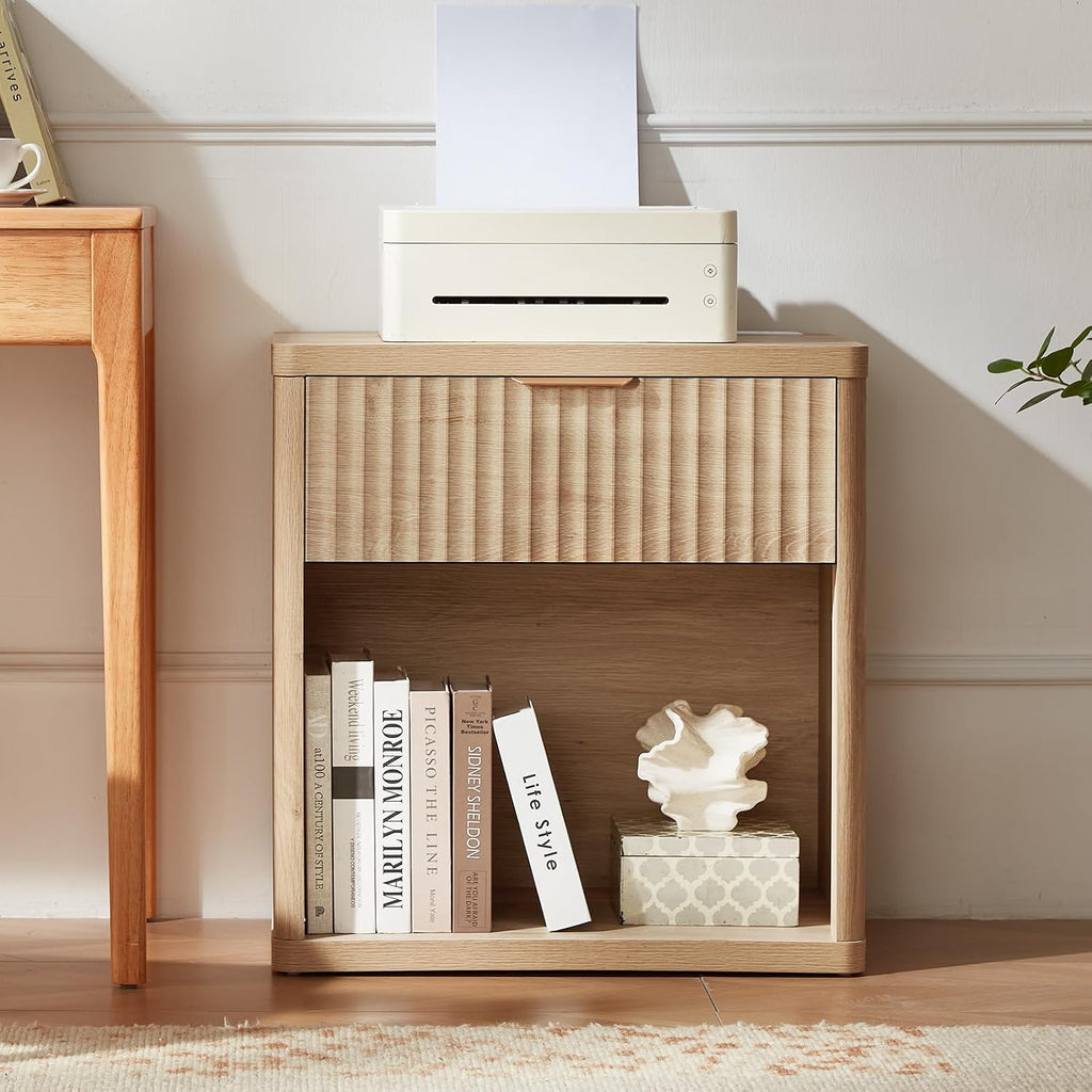 LEYAOYAO Fluted Nightstand with Charging Station, 23' Wide 1 Drawers Night Stand,Natural End Table with Open Storage,Farmhouse Bed Side Tables, Wood Dresser for Bedroom, Living Room, Closet