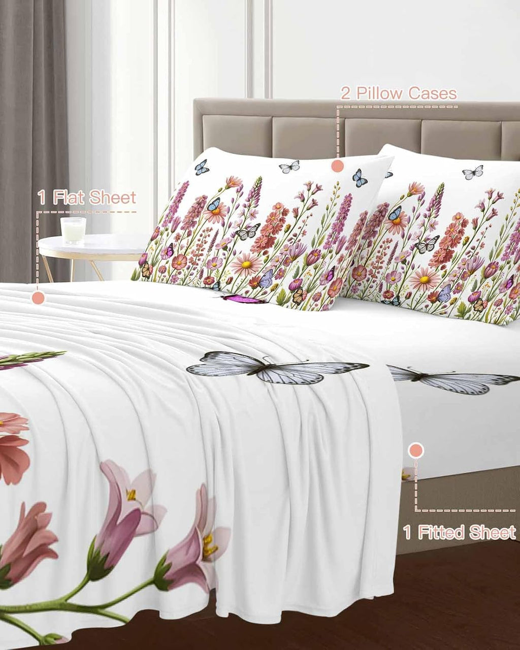 Spring Floral Cal King Sheet Set 4 Piece Bedding - Watercolor Lavender Daisy Butterflies Botanical Breathable Comfy Cooling Bed Sheets & Pillowcase Sets, Hotel Flat Sheets Deep Pockets Fitted Sheet