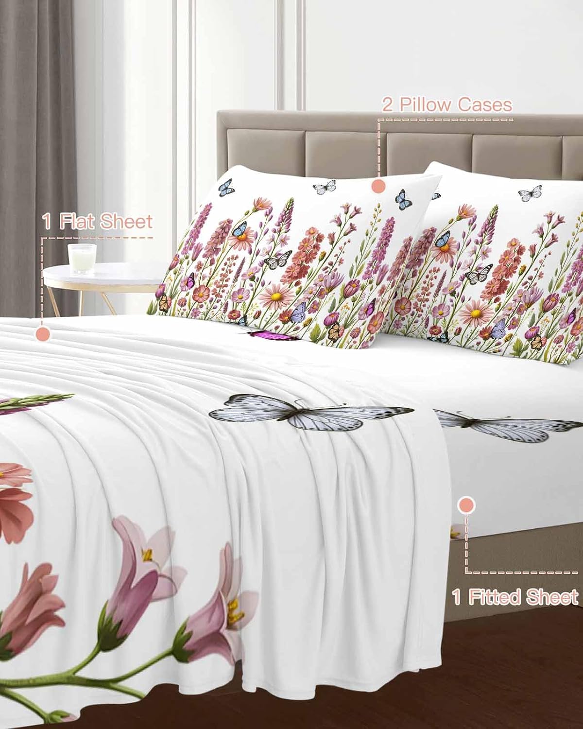 Spring Floral Cal King Sheet Set 4 Piece Bedding - Watercolor Lavender Daisy Butterflies Botanical Breathable Comfy Cooling Bed Sheets & Pillowcase Sets, Hotel Flat Sheets Deep Pockets Fitted Sheet