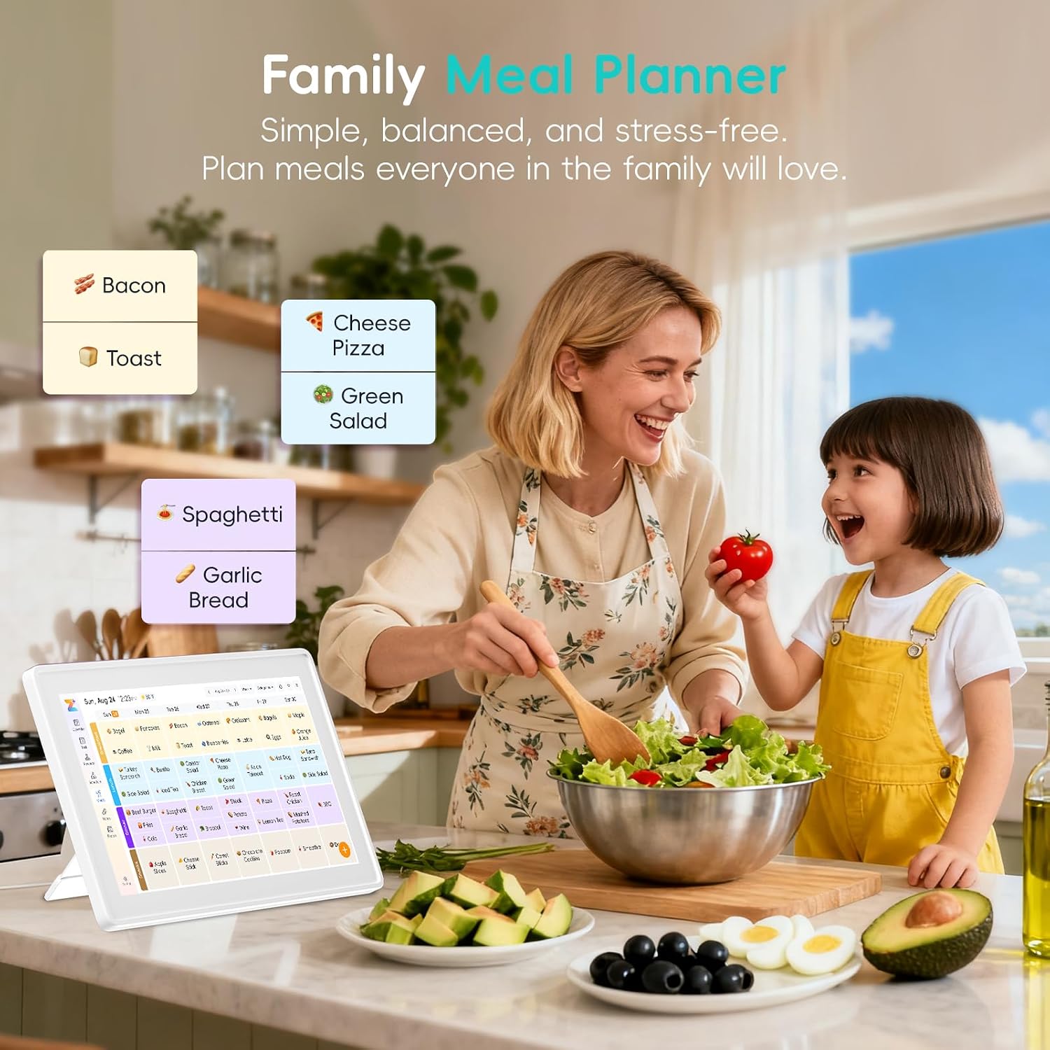 Westsee 15.6' Digital Wall Calendar Frame – Interactive Touchscreen Eletronic Calendars, Family Planner for Schedule, Photo Display, Meals, Chore Chart & Tasks, Wall & Desk Mountable(White&Blue))