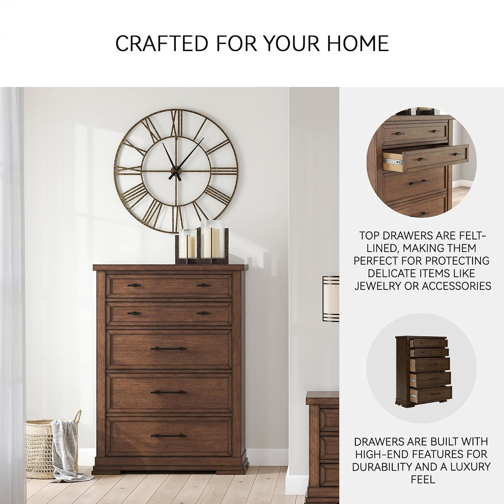 Signature Design by Ashley Taffenbrook Farmhouse 5-Drawer Chest with Felt-Lined Top Drawer and Easy Glide for Bedroom, Dark Brown