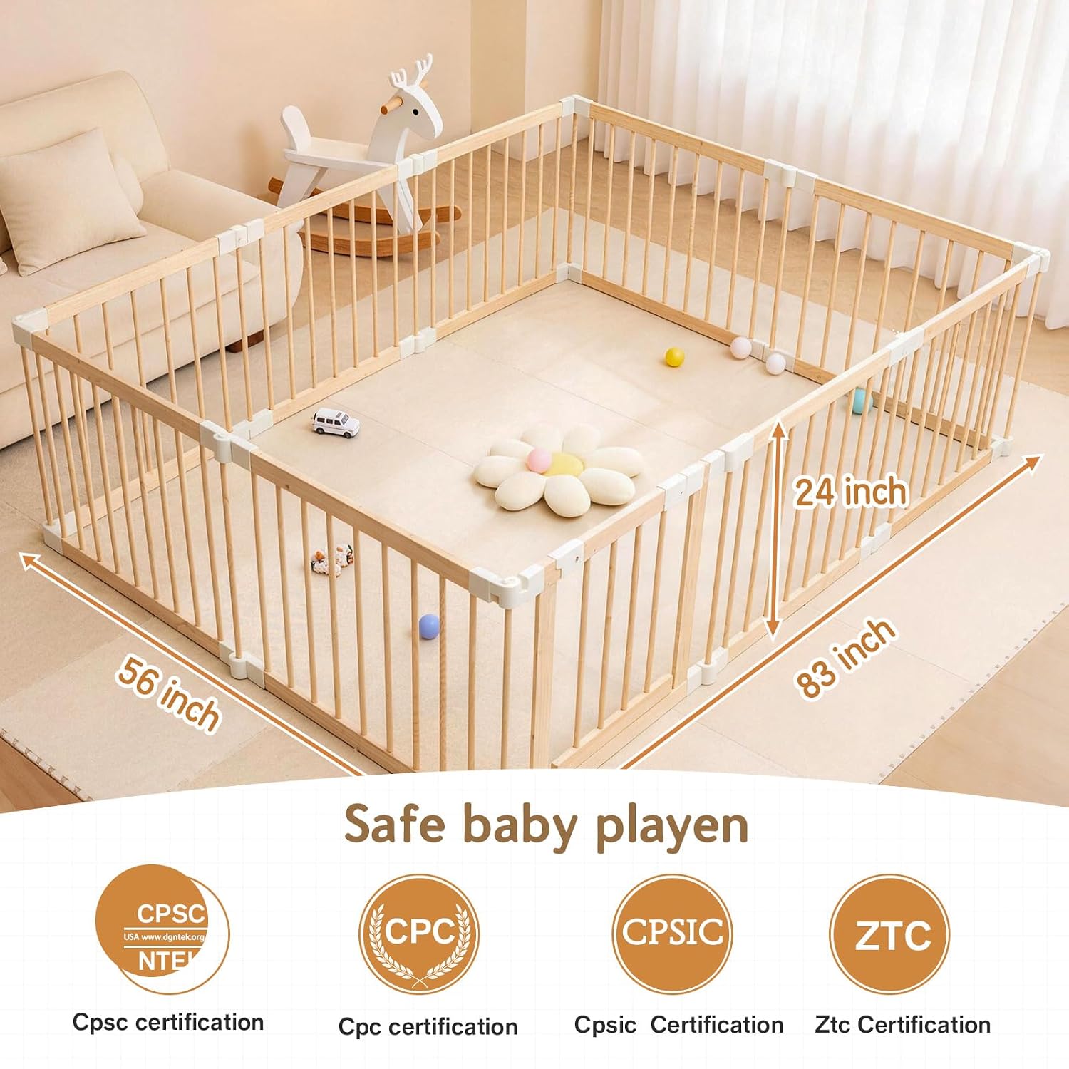 Baby Playpen, Foldable Wooden Play Yard with Gate | Adjustable Activity Center, Child Proof Lock, Expandable, 56x83x24 inch,For Babies 6 to 36 months