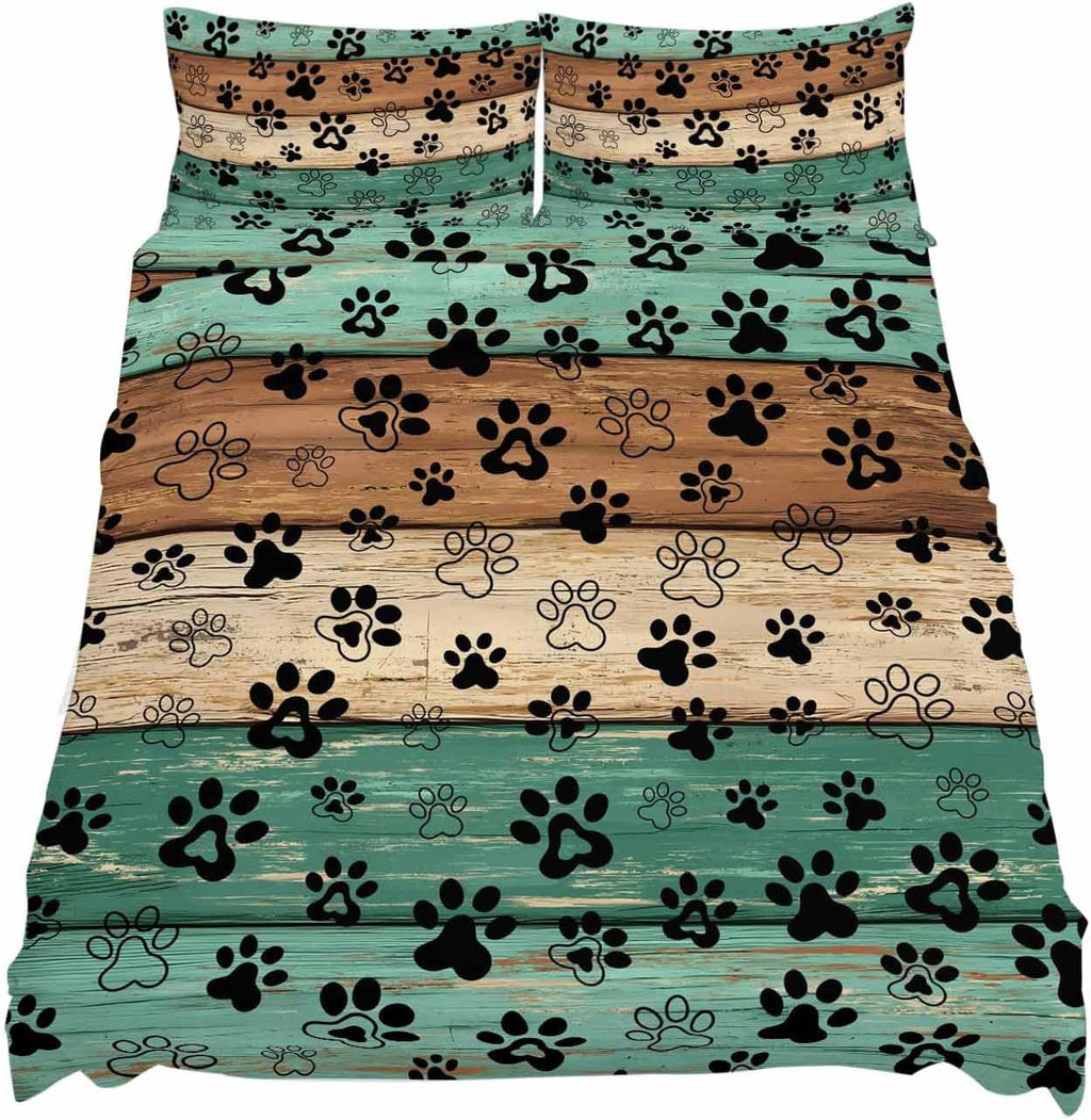 Teal Green Brown Cal King Sheet Set 4 Piece Bedding - Farmhouse Dog Paw Vintage Breathable Comfy Cooling Bed Sheets & Pillowcase Sets, Hotel Luxury Flat Sheets Deep Pockets Fitted Sheet for Women Men