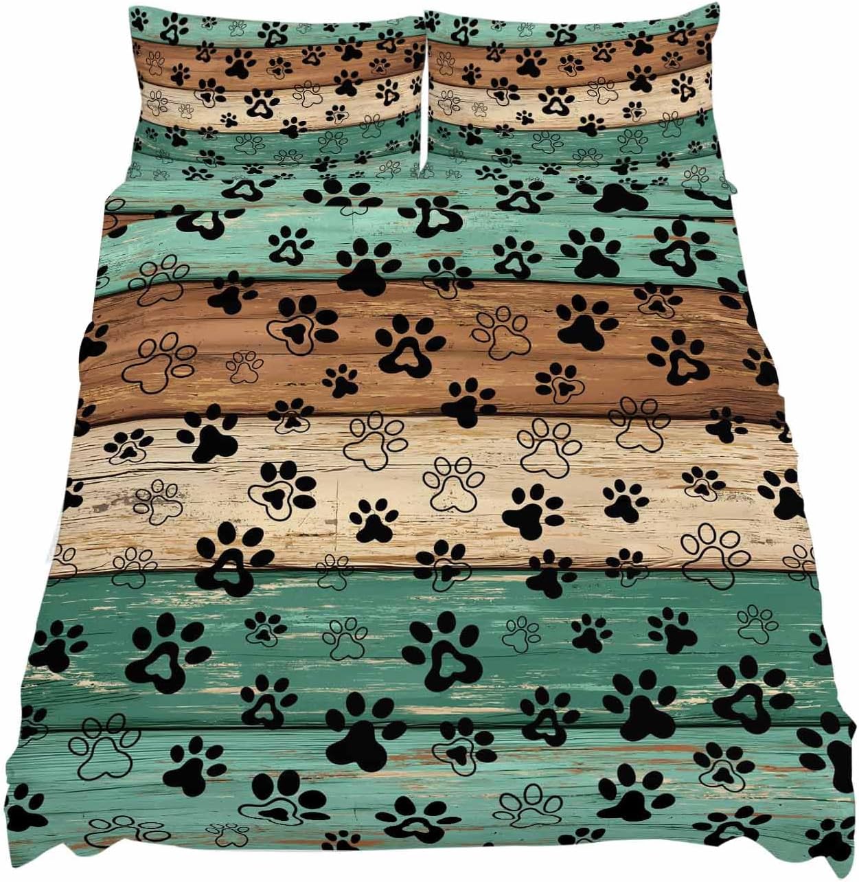 Teal Green Brown Cal King Sheet Set 4 Piece Bedding - Farmhouse Dog Paw Vintage Breathable Comfy Cooling Bed Sheets & Pillowcase Sets, Hotel Luxury Flat Sheets Deep Pockets Fitted Sheet for Women Men