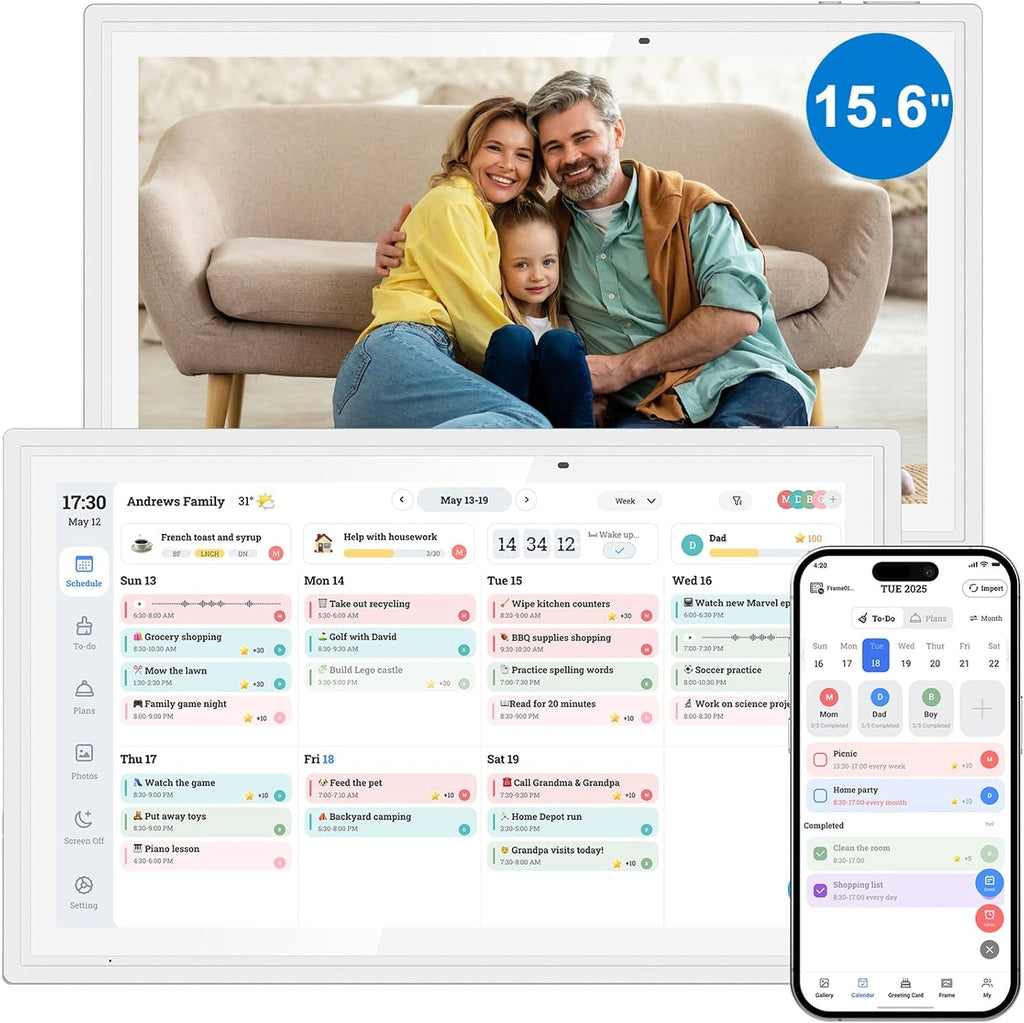 15.6 Inch Digital Calendar, Smart Touchscreen Electronic Wall Calendar & Chore Chart, No Subscription Family Planner with Google/Outlook/iCloud Sync, Meal Planner, Photo Display, Wall & Desk Mountable