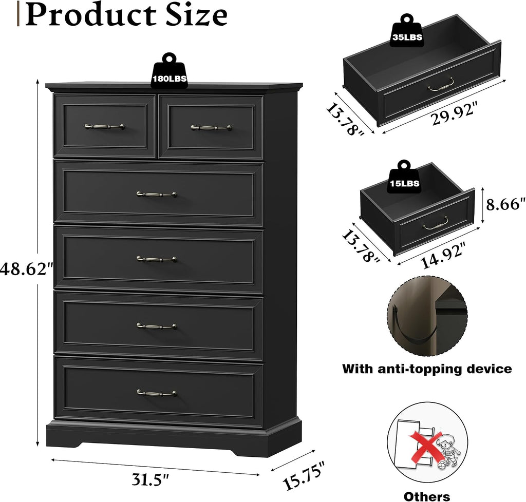 Farmhouse 6 Drawers Dresser for Bedroom, 49' Tall Modern Chest of Drawers with Deep Drawers & Bar Handles, Rustic Wood Dresser TV Stand, Wooden Closet Storage Organizer for Living Room, Hallway, Black
